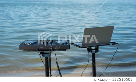 DJ equipment on the river bank.  132510503
