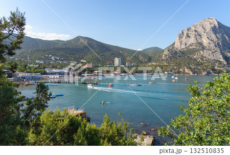 Panorama of Novy Svet bay with Mount Sokol, Crimea, summer morning by the sea 132510835