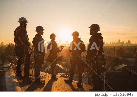 Builders discussing safety and project goals. Builders discussing project on construction rooftop. Builders discussing safety and project goals. Builders discussing project on construction rooftop. 132510948