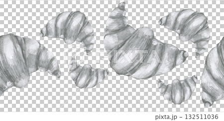 Croissant pencil seamless border. Hand drawn banner with fresh bakery pastry, pencil graphics sweet food clipart for product packing, menu, cafe design 132511036