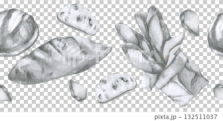 Bread and baguette pencil graphics seamless border. Hand drawn black and white graphics banner with fresh bakery food clipart, crispy morning pastry painting for packing,menu design 132511037