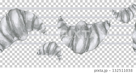 Croissant pencil graphics seamless border. Hand drawn black and white engraved graphics with grey stripes and fresh pastry food for packing, wallpaper, cafe and bakery menu,card design 132511038