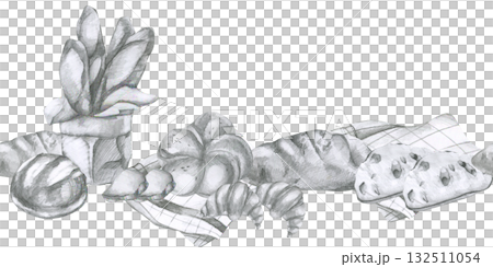 Pastry fresh crispy food seamless border. Hand drawn pencil banner with baguette,bread loaf,crouissant on white checkered towel graphics illustration for packing,wallpaper design Pastry fresh crispy food seamless border. Hand drawn pencil banner with baguette,bread loaf,crouissant on white checkered towel graphics illustration for packing,wallpaper design 132511054