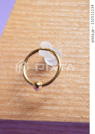 Beautiful piercing jewelry on wooden display. Macro shot. Selective focus. 132511134