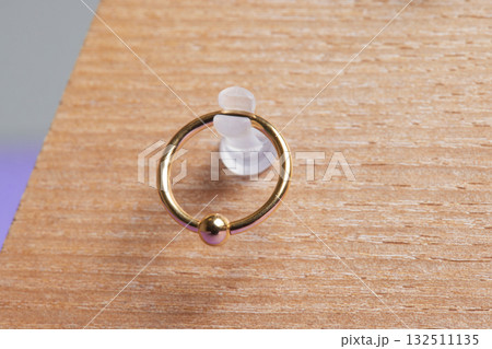 Beautiful piercing jewelry on wooden display. Macro shot. Selective focus. Beautiful piercing jewelry on wooden display. Macro shot. Selective focus. 132511135