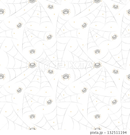 Halloween pattern spiders crawling on web. Watercolor illustration is hand-drawn in childish style. Seamless print isolated from background is suitable for textiles, fabrics, clothing, wallpaper paper 132511194