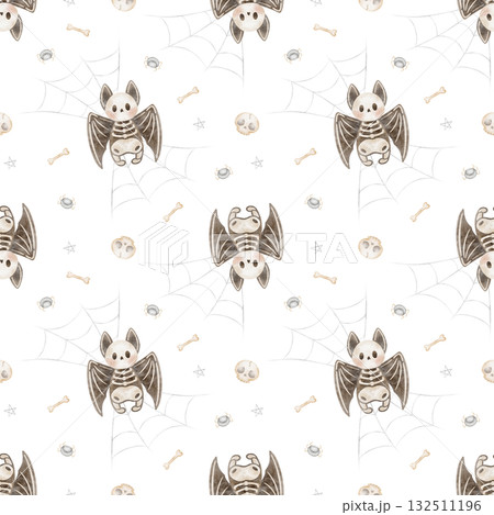 Watercolor Halloween pattern bat skeleton, web, spider, bones. This creepy hand-drawn illustration in childish style. Seamless print is isolated from background for textiles fabrics clothing wallpaper 132511196