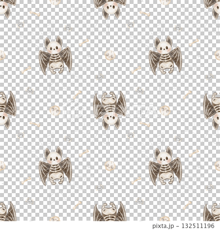 Watercolor Halloween pattern bat skeleton, web, spider, bones. This creepy hand-drawn illustration in childish style. Seamless print is isolated from background for textiles fabrics clothing wallpaper 132511196