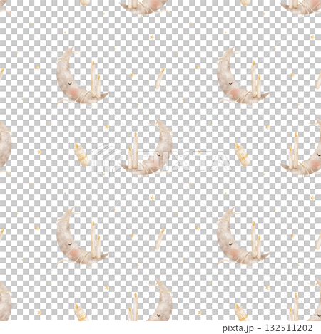Moon crescent with candles pattern. Watercolor illustration hand-drawn in a childish Halloween style. Seamless print isolated from background for textiles, fabrics, clothing, wallpaper, packaging. Moon crescent with candles pattern. Watercolor illustration hand-drawn in a childish Halloween style. Seamless print isolated from background for textiles, fabrics, clothing, wallpaper, packaging. 132511202