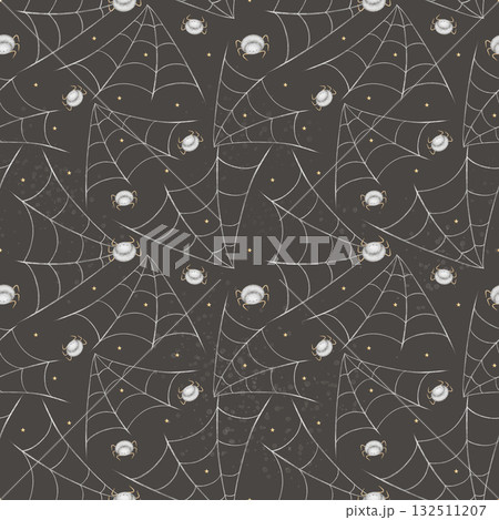 Halloween pattern spiders crawling on web. Watercolor illustration is hand-drawn in childish style. Seamless print on dark gray background is suitable for textiles, fabrics, clothing, wallpaper paper Halloween pattern spiders crawling on web. Watercolor illustration is hand-drawn in childish style. Seamless print on dark gray background is suitable for textiles, fabrics, clothing, wallpaper paper 132511207