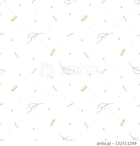 Halloween pattern burning candles, branches stars dots. Hand-drawn watercolor illustrations in childish style. Seamless print isolated from background for textiles fabrics clothing wallpaper packaging Halloween pattern burning candles, branches stars dots. Hand-drawn watercolor illustrations in childish style. Seamless print isolated from background for textiles fabrics clothing wallpaper packaging 132511209