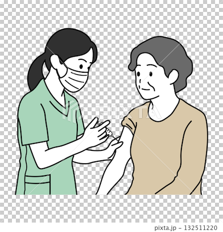 A medical illustration of a nurse vaccinating an elderly woman A medical illustration of a nurse vaccinating an elderly woman 132511220