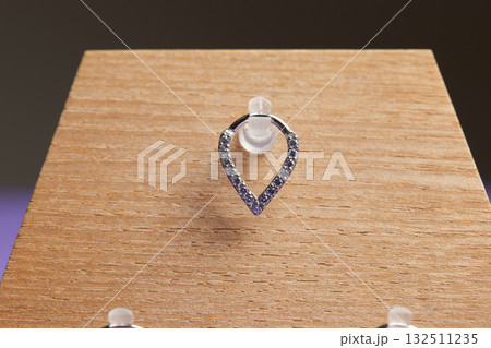 Beautiful piercing jewelry on wooden display. Macro shot. Selective focus. 132511235