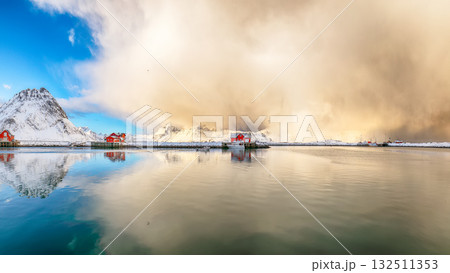 Astonishing morning view of small fishing village Ramberg at sunrise. 132511353