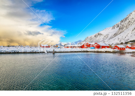 Amazing morning view of small fishing village Ramberg at sunrise. 132511356