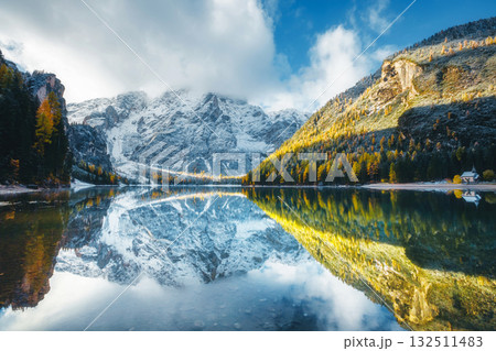 Autumn scenery of peaceful alpine lake Braies. Location Dolomiti Alps, Italy, Europe. 132511483