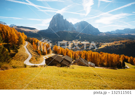Splendid autumn landscape in Val Gardena. Location Dolomites, Trentino Alto Adige, Italy, Europe. 132511501