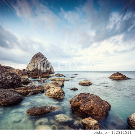 Majestic Black sea and huge stone blocks in the bay. Location place Crimea peninsula, Ukraine, Europe. 132511511