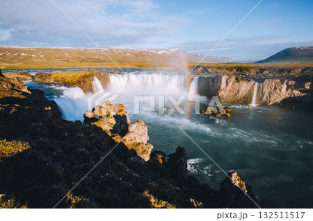 Attractive view of powerful Godafoss cascade. Location Skjalfandafljot river, Iceland, Europe. 132511517