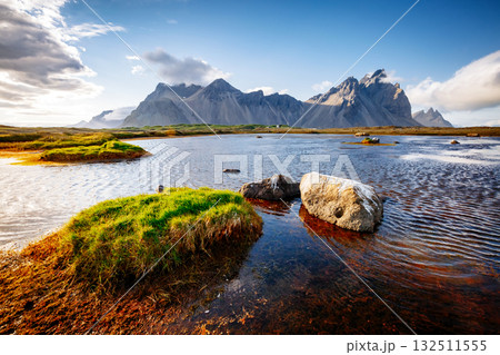 Beautiful mountain landscape on sunny day. Location Stokksnes cape, Vestrahorn, Iceland, Europe. 132511555