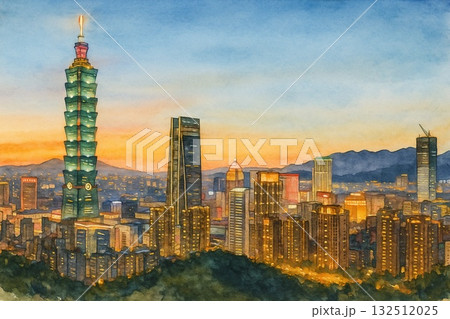 台湾 台北市街地風景 台北 水彩画 台湾 台北市街地風景 台北 水彩画 132512025