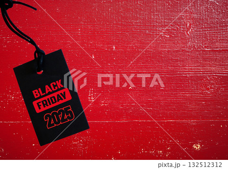 Black Friday 2025 label in red rustic background . Retail discount banner for Black Friday 2025 .Copy space design 132512312