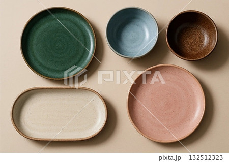 Modern Ceramic Tableware Collection on Neutral Background 132512323