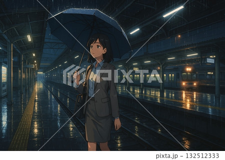 雨の夜の駅で佇む女性 132512333
