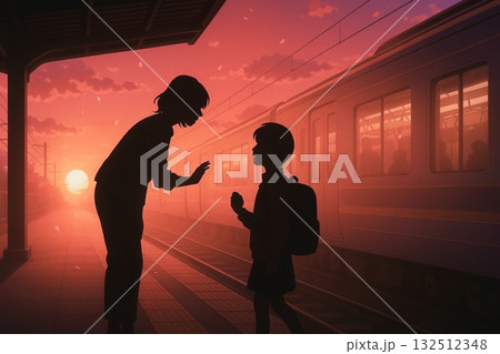 夕陽に包まれる親子の別れ 132512348