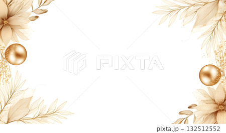 Horizontal Christmas frame with beige and golden leaves and festive ornaments. Space for text Horizontal Christmas frame with beige and golden leaves and festive ornaments. Space for text 132512552
