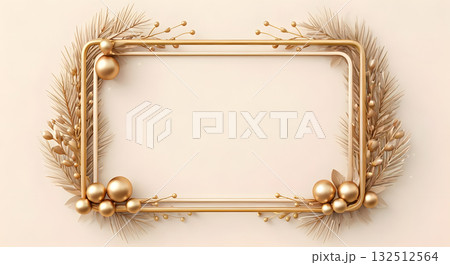 Shiny gold Christmas frame with pine leaves and ornaments 132512564