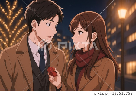 街灯の下でチョコを渡すスーツ姿の男女 街灯の下でチョコを渡すスーツ姿の男女 132512758