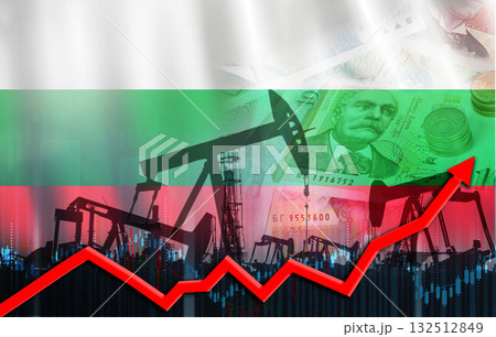 Oil production with flag of Bulgaria. Oil pumps with bulgaria flag, petroleum industry Oil production with flag of Bulgaria. Oil pumps with bulgaria flag, petroleum industry 132512849