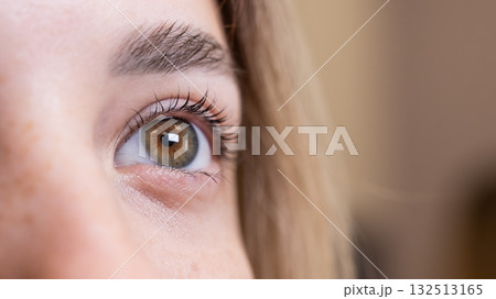 Close-up of a woman's eye after eyelash lamination procedure. Close-up of a woman's eye after eyelash lamination procedure. 132513165