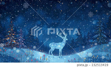 幻想的な冬の夜空と雪の結晶トナカイのファンタジーイラスト 雪降る森 クリスマス背景 幻想的な冬の夜空と雪の結晶トナカイのファンタジーイラスト 雪降る森 クリスマス背景 132513419
