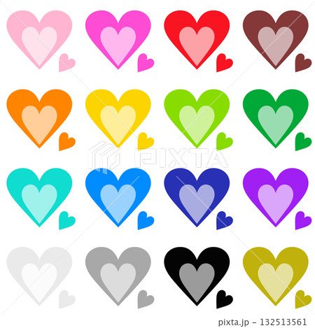 ハートのカラフルなデコレーション素材 16色のアイコンセット 132513561