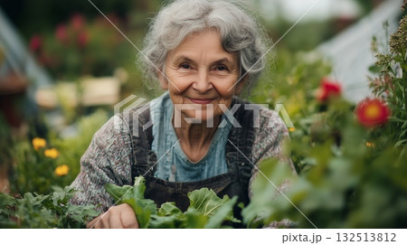 Senior female gardener holding leafy seedlings in hands outdoors home garden daylight 132513812
