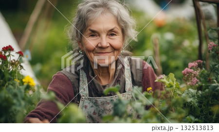 Elderly woman gardening with colorful flowers and joyful smile outdoors 132513813