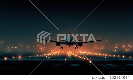 Airplane descends on illuminated runway during nighttime landing at airport Airplane descends on illuminated runway during nighttime landing at airport 132514034