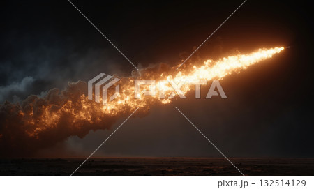 Fiery rocket launch at night with glowing trail over dark landscape 132514129