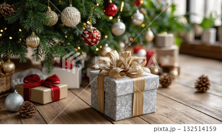 Festive christmas tree with decorated gifts and ornaments in cozy living room 132514159