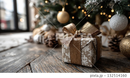 Festive gift box with bow under christmas tree with baubles and pinecones 132514160