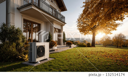 Modern home with air source heat pump in autumn landscape at sunset Modern home with air source heat pump in autumn landscape at sunset 132514174
