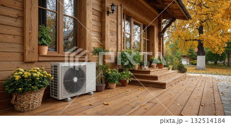 Modern wooden house with outdoor ac unit surrounded by autumn trees and plants on wooden deck with potted flowers 132514184