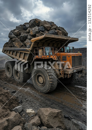 Massive dump truck carries large boulders in rugged quarry under cloudy sky Massive dump truck carries large boulders in rugged quarry under cloudy sky 132514292