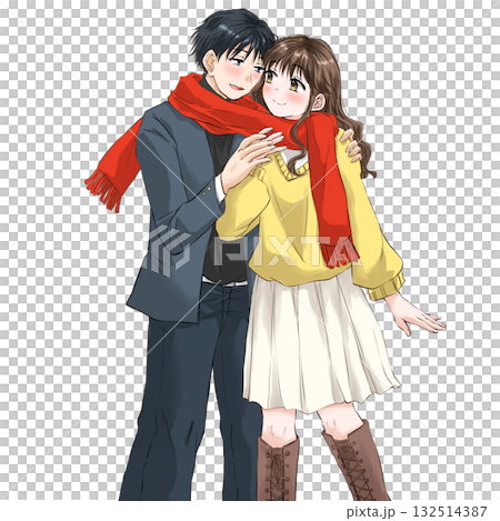 Winter date: Illustration of a couple sharing a red scarf Winter date: Illustration of a couple sharing a red scarf 132514387