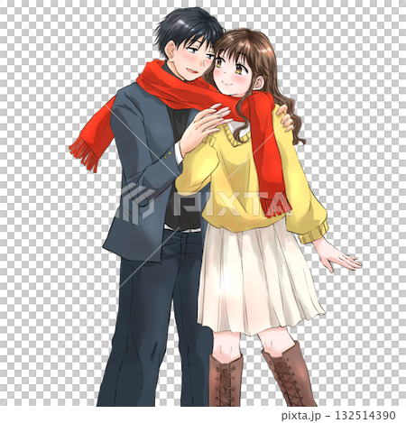 Winter date: Illustration of a couple sharing a red scarf Winter date: Illustration of a couple sharing a red scarf 132514390