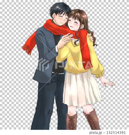 Winter date: Illustration of a couple sharing a red scarf Winter date: Illustration of a couple sharing a red scarf 132514391