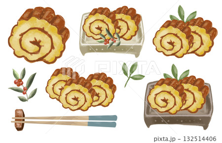 正月料理の定番 伊達巻のカットと箸 南天の葉の水彩イラスト 正月料理の定番 伊達巻のカットと箸 南天の葉の水彩イラスト 132514406