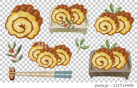 一幅水彩畫描繪了新年主食伊達卷、筷子和南天竹葉 一幅水彩畫描繪了新年主食伊達卷、筷子和南天竹葉 132514406